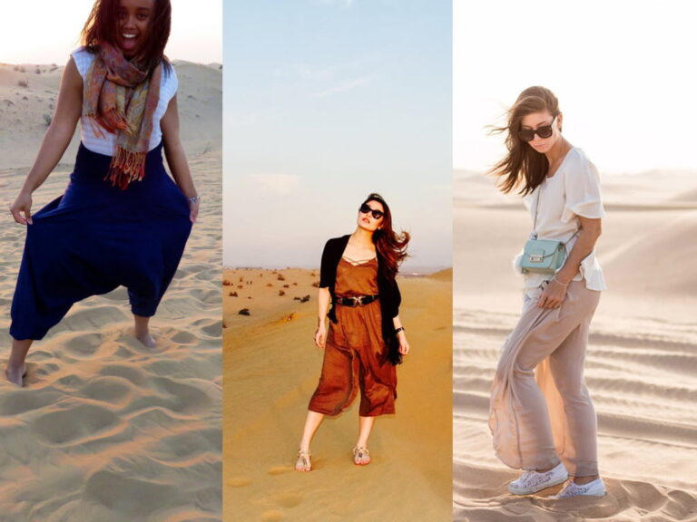 Trois tenues pratiques de femmes pour un circuit dans le désert du Sahara : jupe longue et foulard, combinaison ample, et pantalon léger avec chaussures fermées sur les dunes