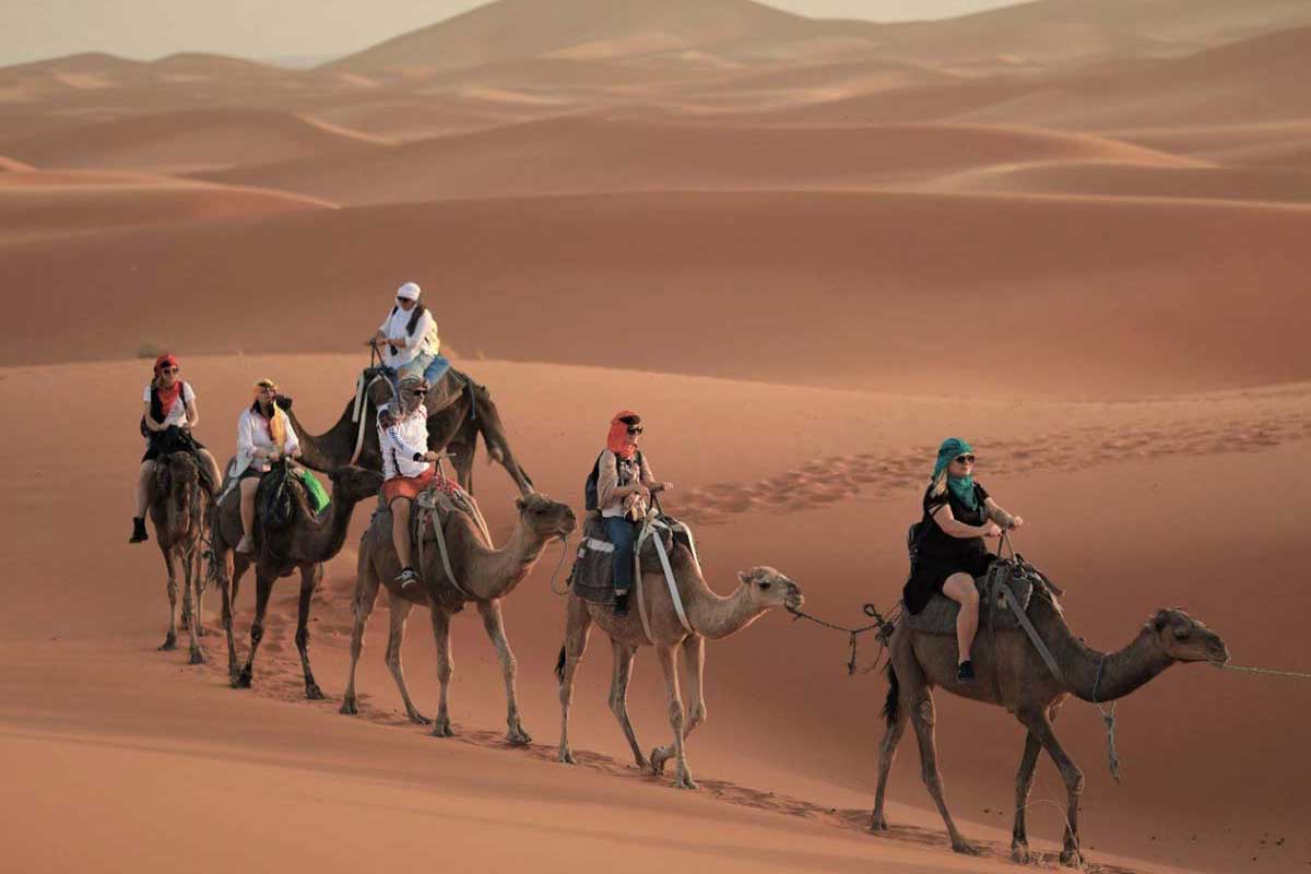 Travellers ride a camel caravan over the Erg Chebbi dunes near Merzouga — the Day 2 desert highlight on the Marrakech to Casablanca route.