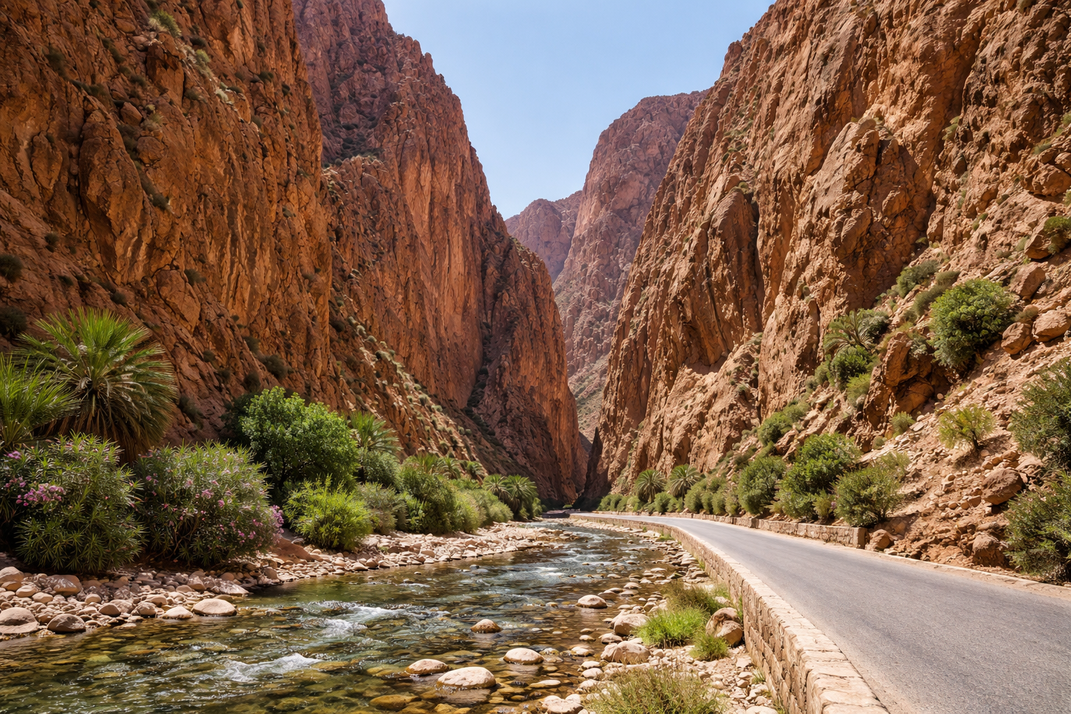 A road and river wind between the 300m cliffs of the Todra Gorge near Tinghir — the Day 1 canyon stop on the Marrakech to Casablanca route.
